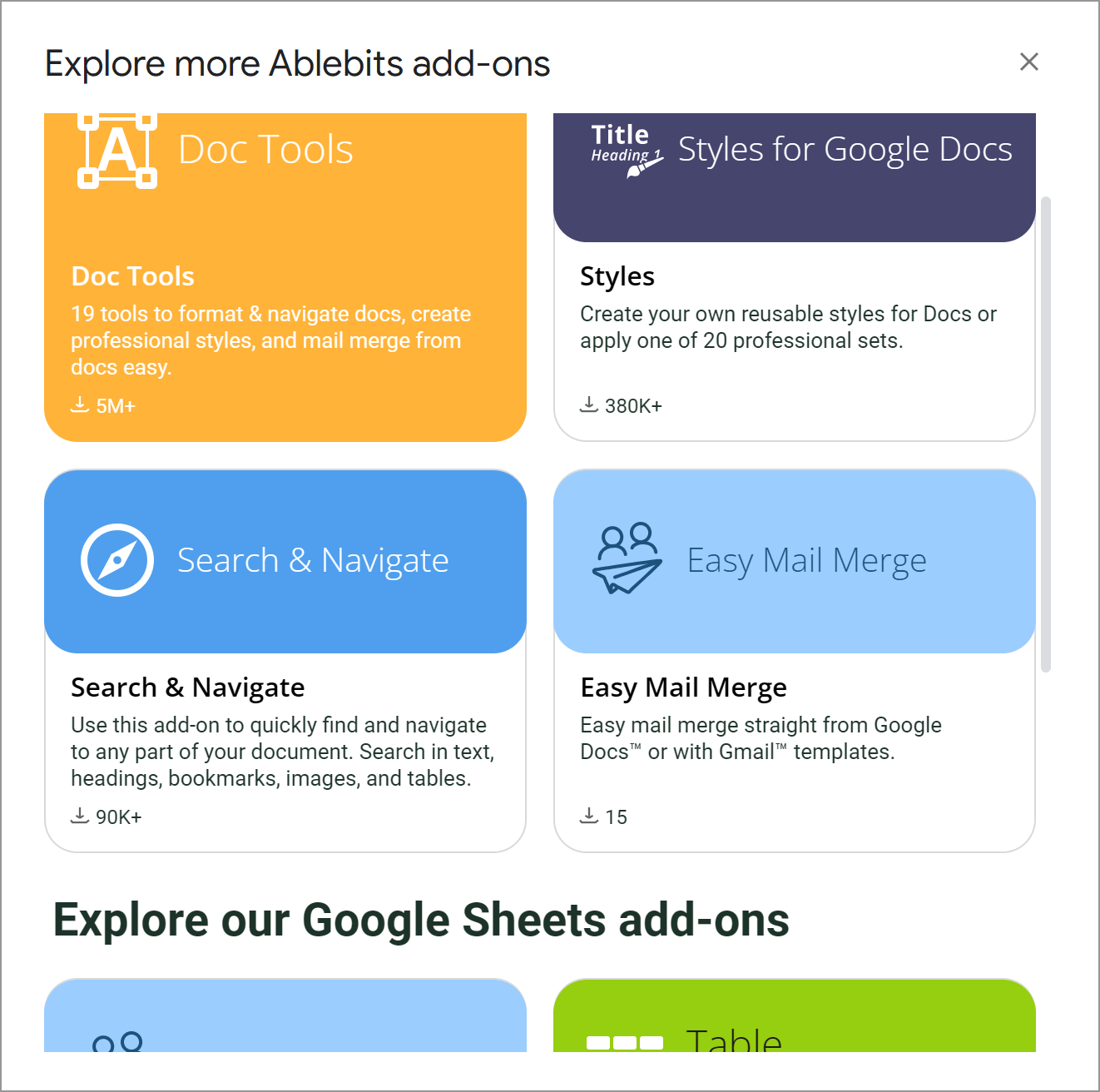 Quickly access other Ablebits add-ons in the Google Workspace Marketplace.