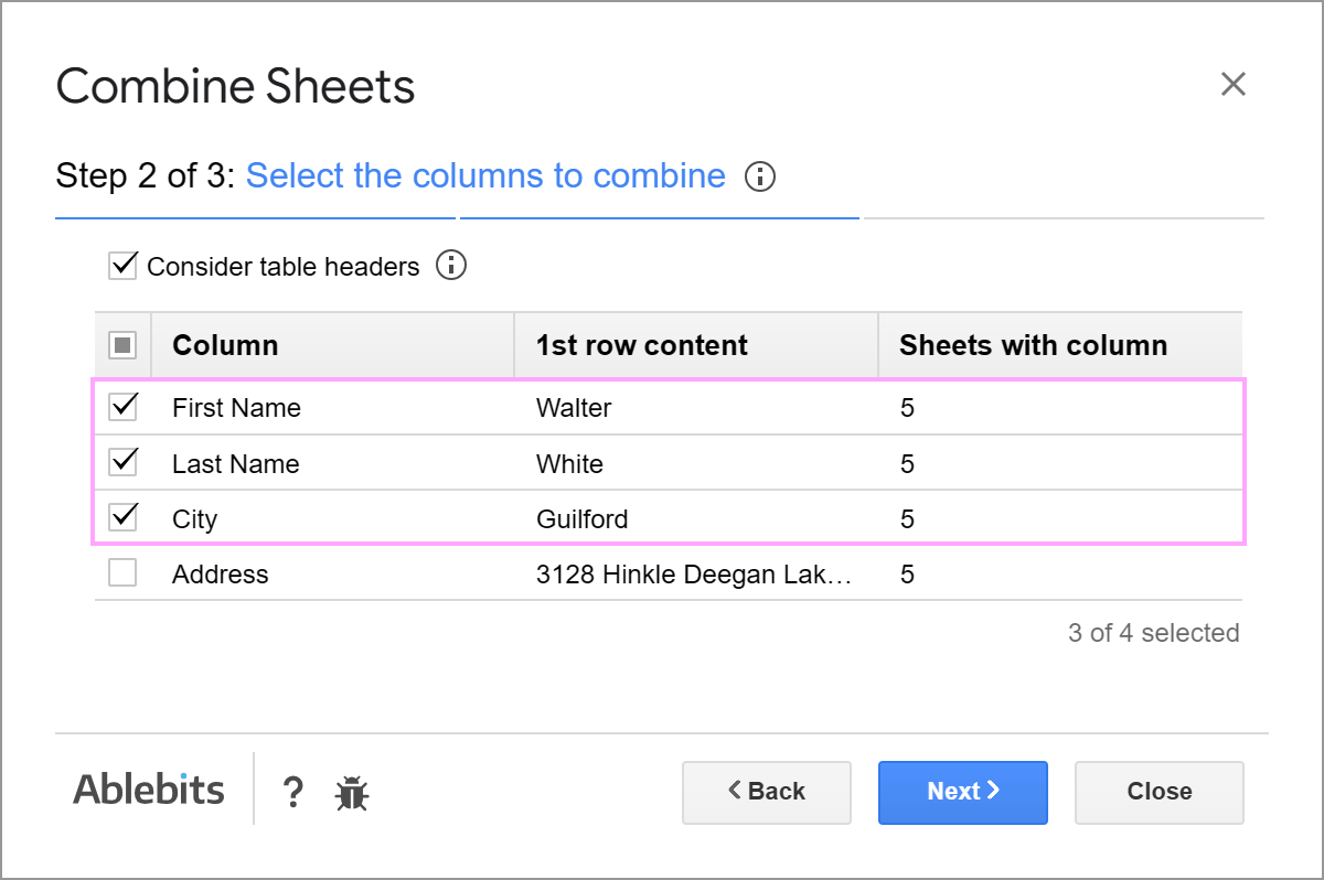 Combine only specific columns from the selected sheets.