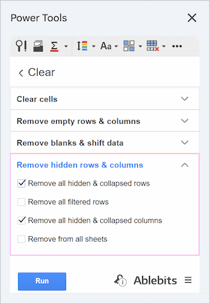 The Clear tool interface showing a new Remove hidden rows & columns section. The Clear tool interface showing a new Remove hidden rows & columns section.