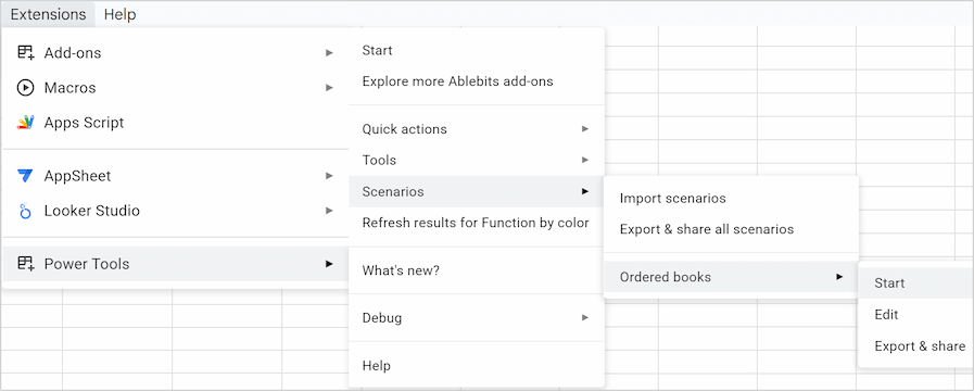 Run your saved scenario from the Extensions menu. Run your saved scenario from the Extensions menu.