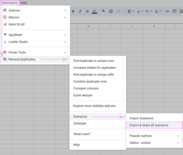 Export & share all scenarios in Remove Duplicates.