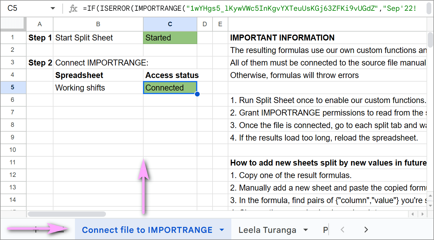 How to enable Split Sheet formula in the resulting tables.