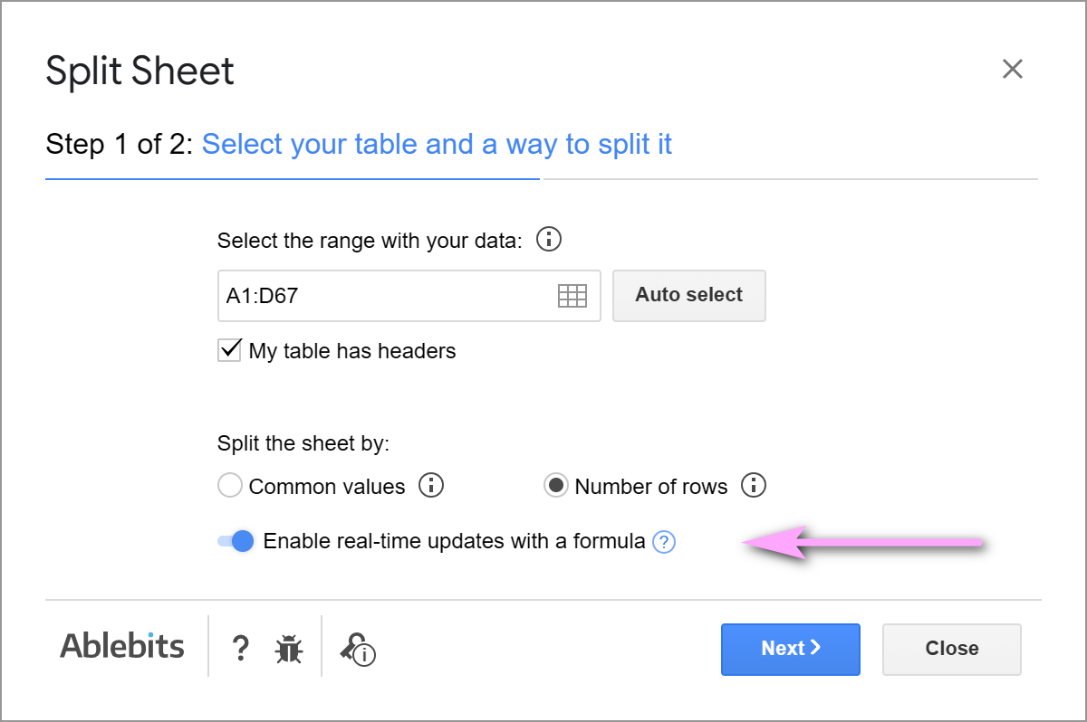 Enable real-time updates with a formula for rows.