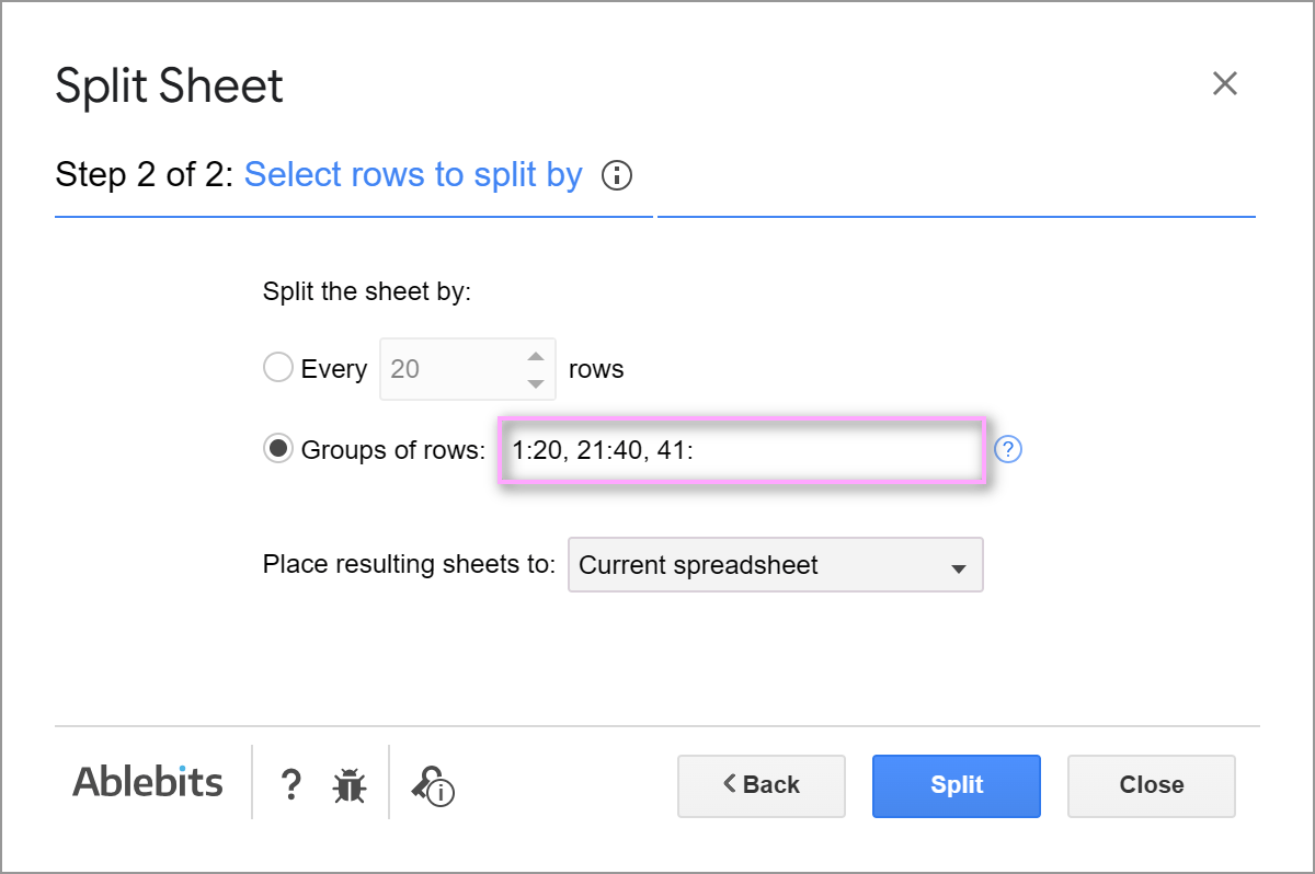 Have all remaining rows at the end split to the last sheet.