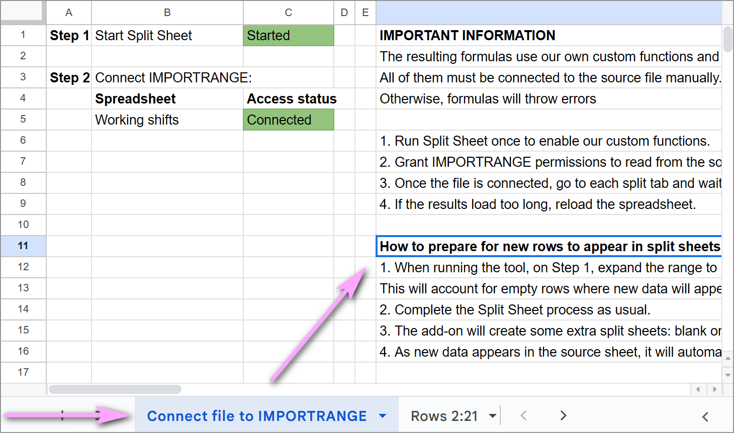 How to prepare for new rows to appear in split sheets automatically.