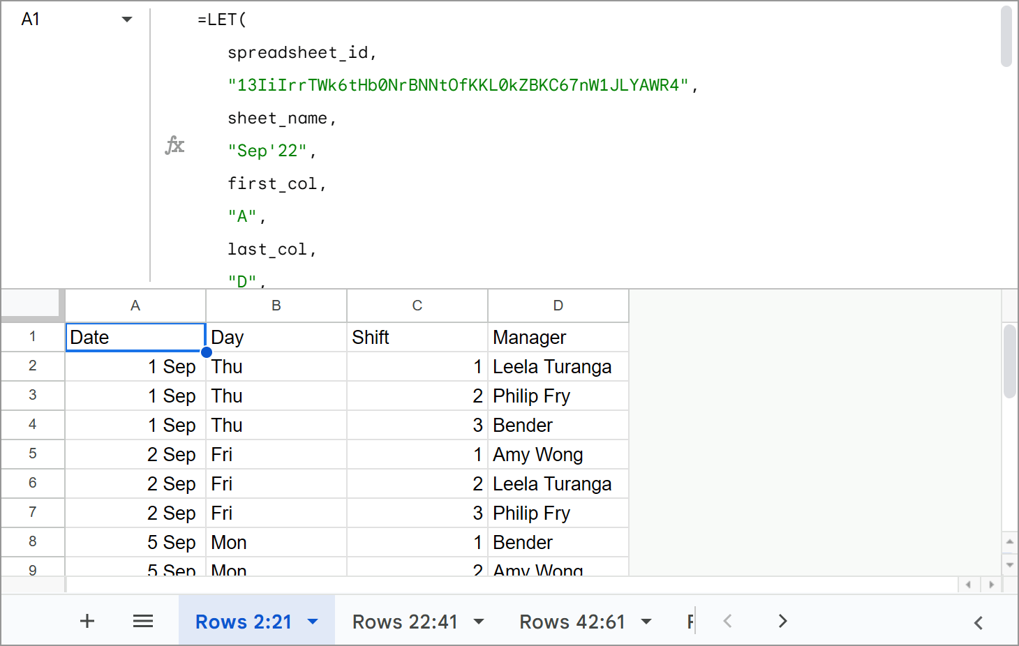 Split by 20 rows using a formula.