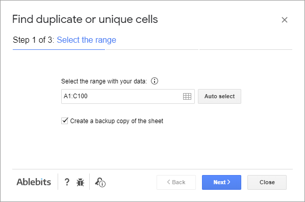 Pick the range to look for duplicate cells in.