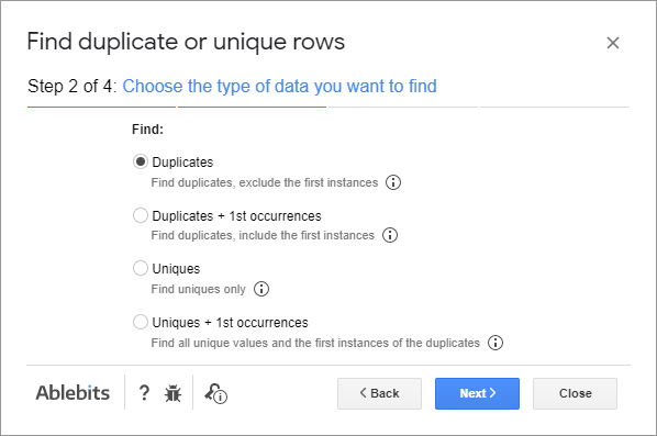 The 1st radiobutton deletes duplicates from Google Sheets.