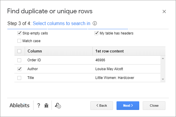 Choose columns you want to search in.