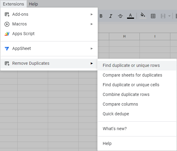 Find Remove Duplicates in the Google Sheets menu.