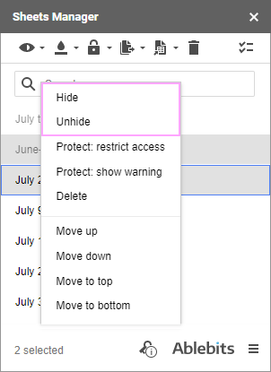 Hide and Unhide options in the context menu.