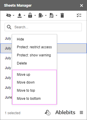4 options of the context menu to move the sheet(s).