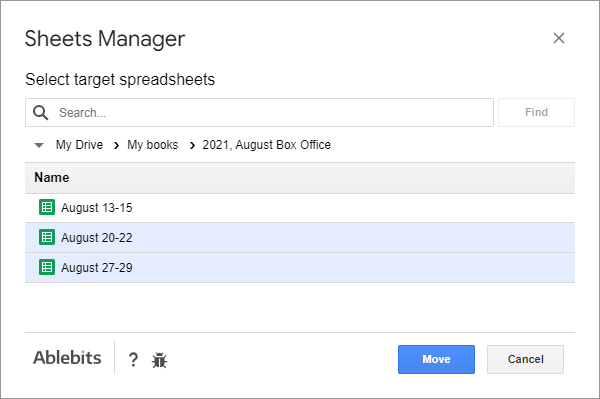 Select a spreadsheet to move the worksheets into.