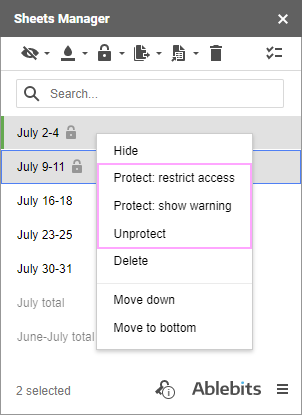 Change protection or unlock the sheets from the context menu.