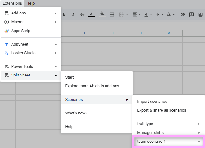 Find the imported scenario in the Split Sheet menu.