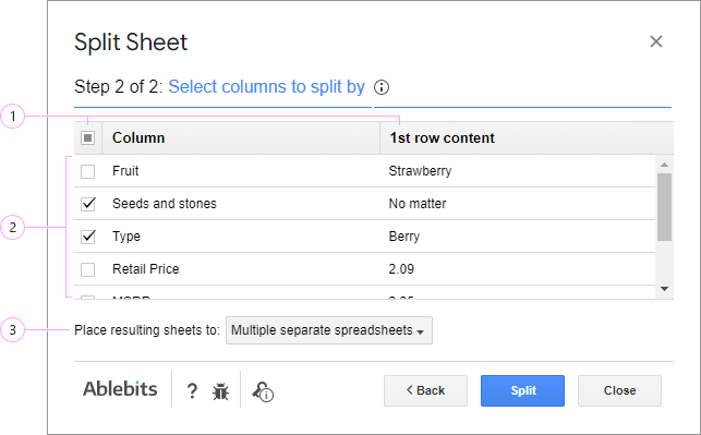 Select columns to split by.