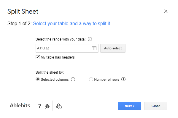 Select your sheet and a way to split it.