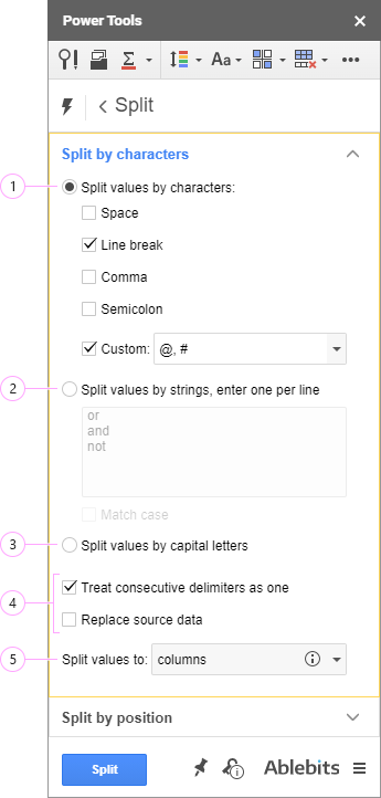 Split data by characters in Google Sheets.