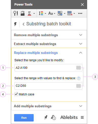 Set up the parameters to replace multiple substrings with other substrings.