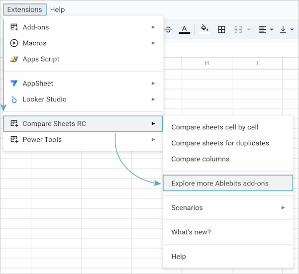 Open Extensions menu in Google Sheets with Explore more Ablebits add-ons section highlighted.