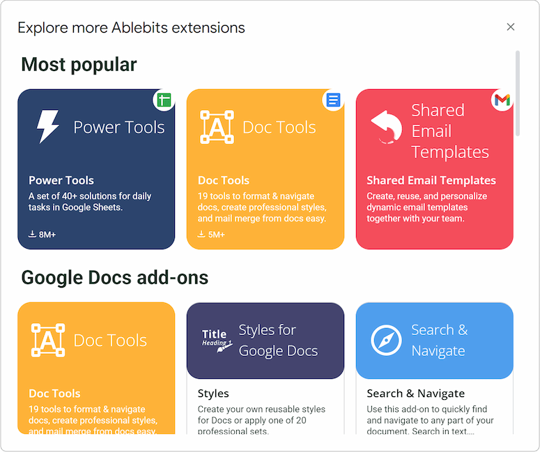 Ablebits add-on list in Google Sheets with clickable titles linking to Marketplace descriptions.