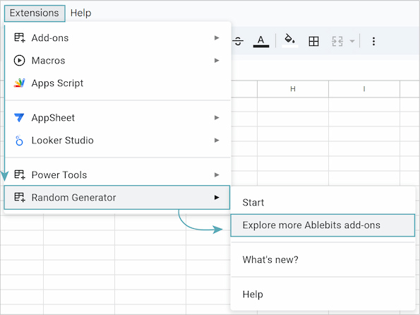 In Google Sheets Extensions menu, the Explore more Ablebits add-ons section appears highlighted for easy discovery.