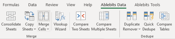 Merge Cells icon on the Ablebits Data tab.