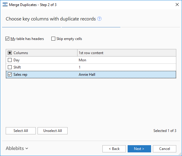 Select key columns with duplicates to merge. Select key columns with duplicates to merge.