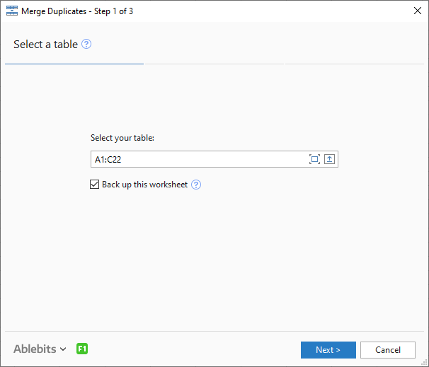 Select your table to merge duplicates.