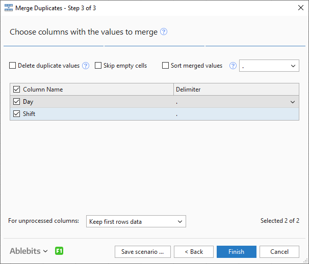 Pick columns with the values to merge with the Merge Duplicates tool.