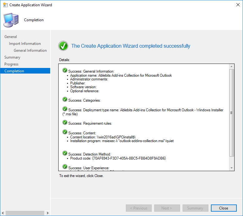 The Create Application Wizard completion