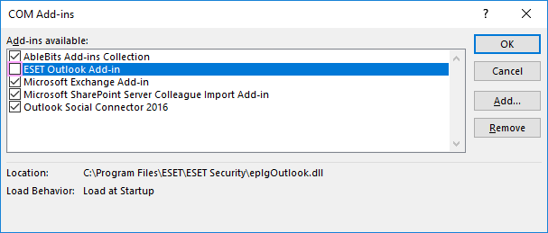 Uncheck ESET Outlook Add-in.