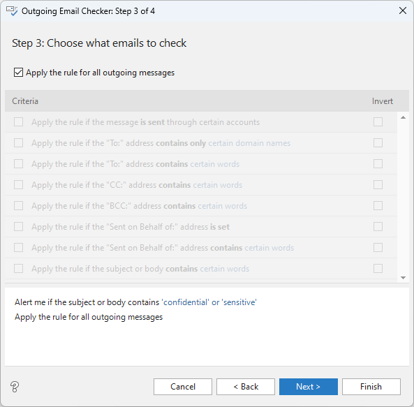The Apply the rule for all outgoing messages option is selected.
