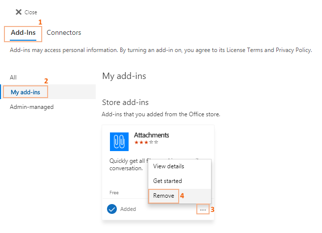 Remove add-ins from Outlook online.