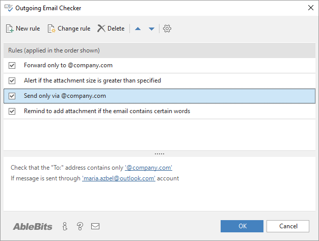 The Outgoing Email Checker window in Outlook.