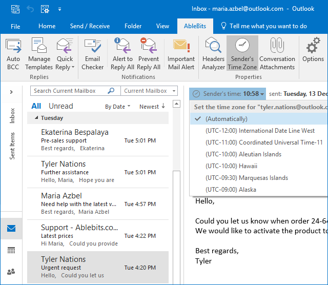 outlook mac adjusting for time zone