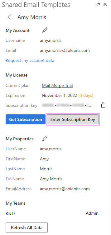 Here is the Enter Subscription Key button.