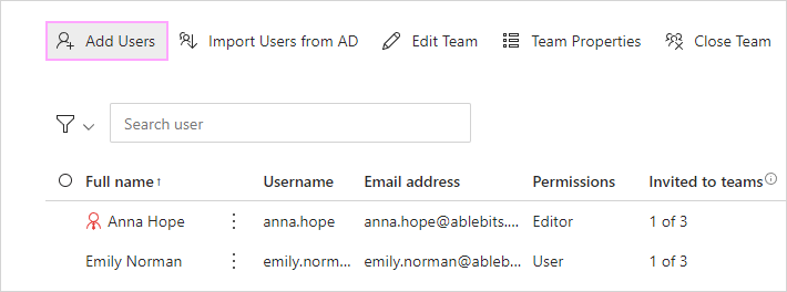 Add team members with the Add Users button.