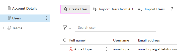 Here is the Create User button.