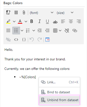 Unbind a list from a dataset.