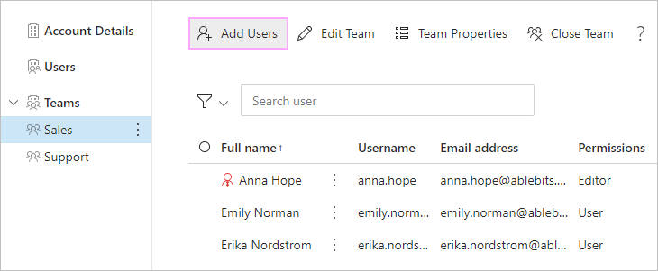 Add team members with the Add Users icon.