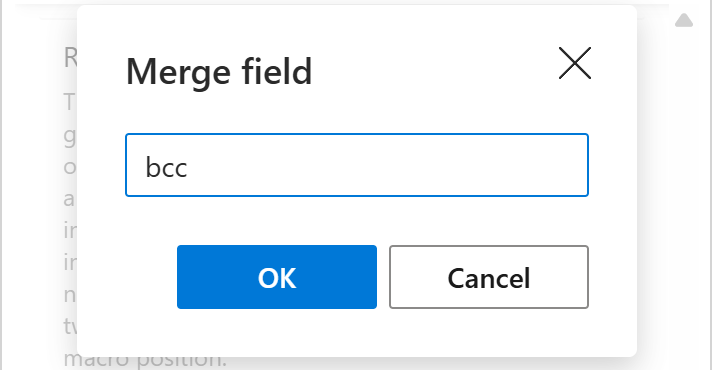 Entering the column name into the Merge field dialog