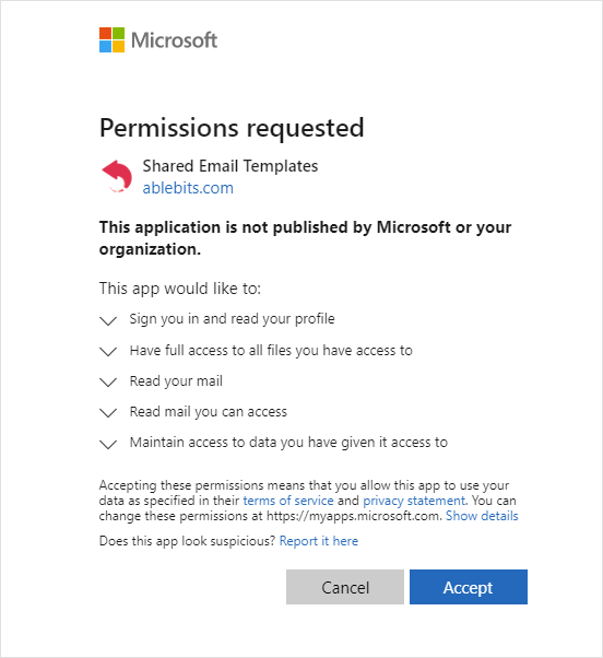 Permissions requested when you're attaching a file from OneDrive with a macro