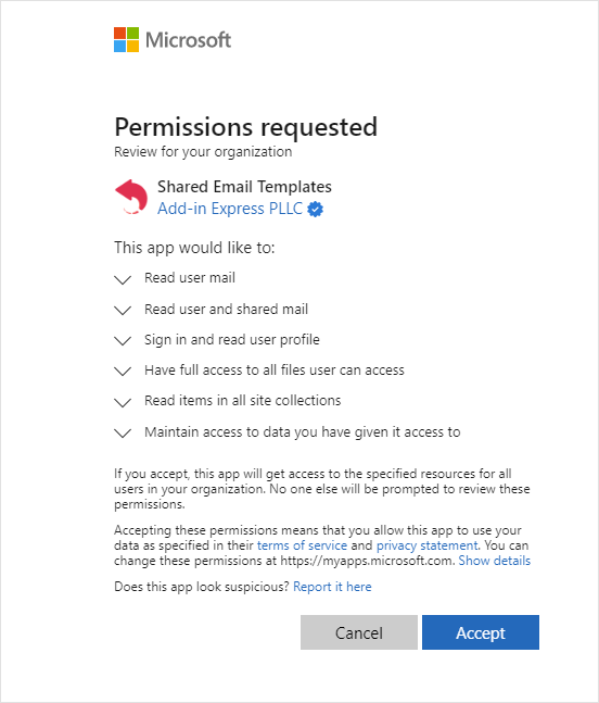 Permissions requested from a Global Administrator