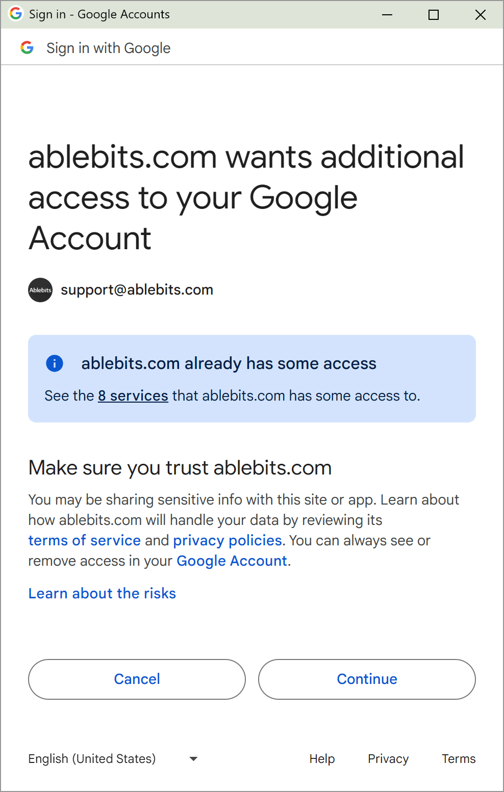 Certain access to your Google Account is required.