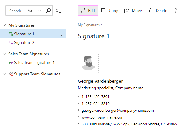 Edit a signature with the Edit icon in the web app.
