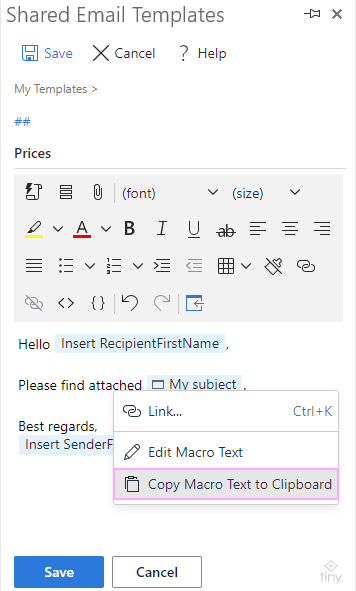 The Copy Macro Text to Clipboard option