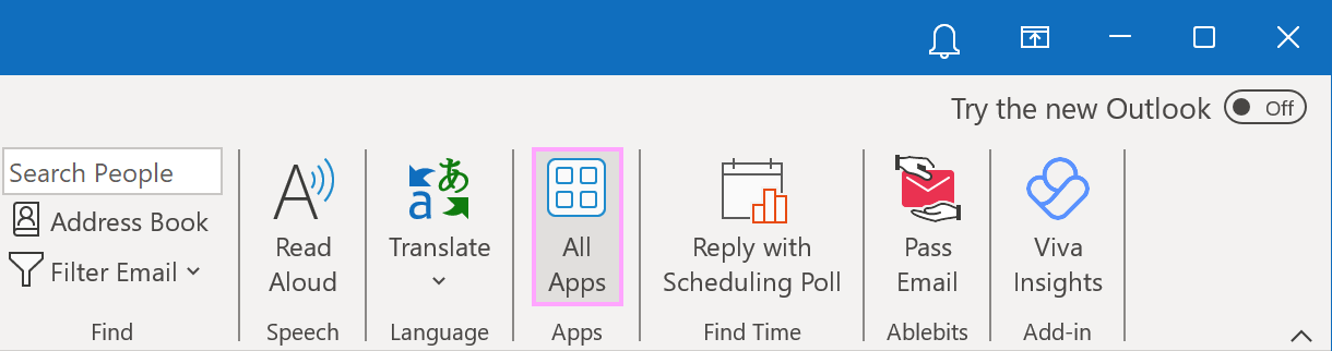 The All Apps button in Outlook desktop