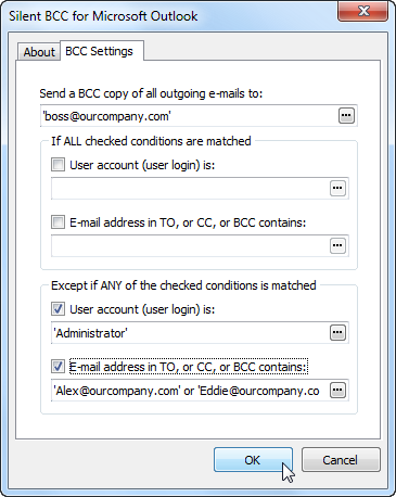Silent BCC for Outlook settings.