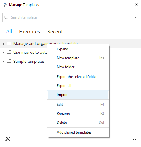 Import your template text to a folder.